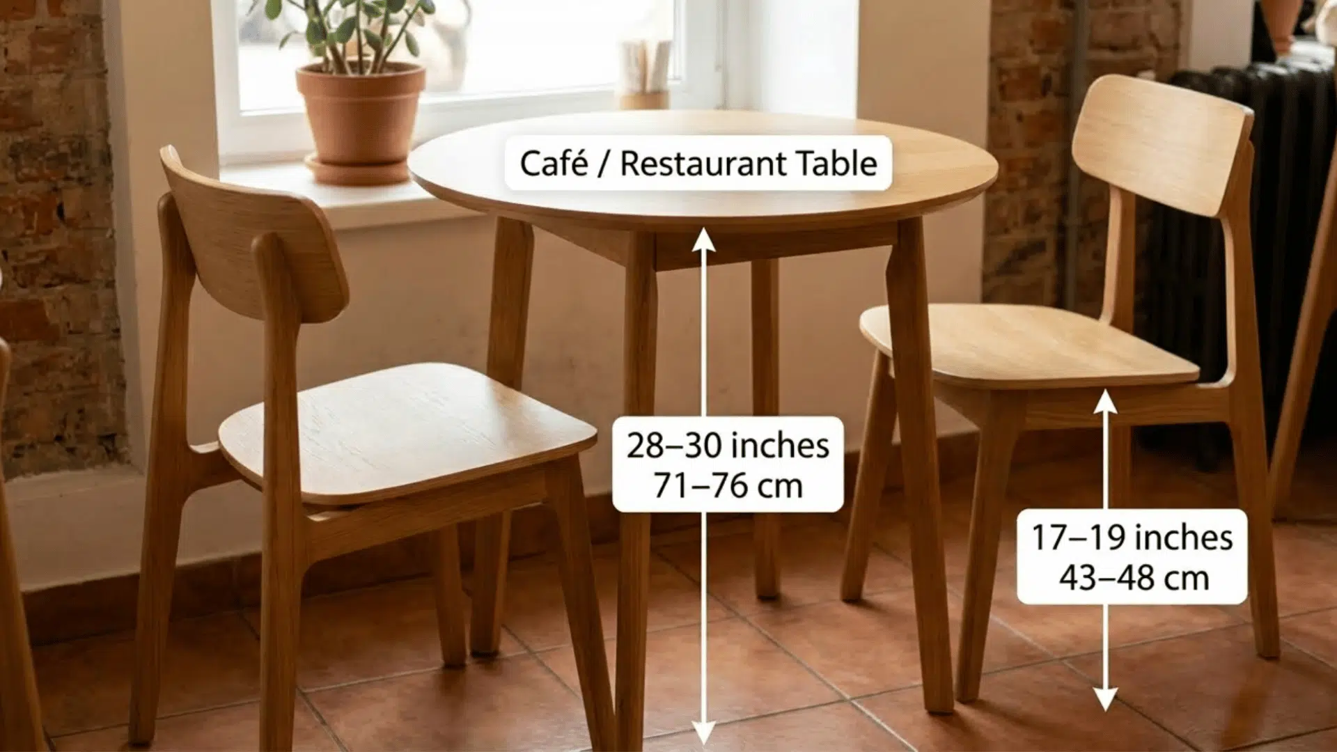 café restaurant table with chairs showing 28–30 inch table height and 17–19 inch chair height measurements