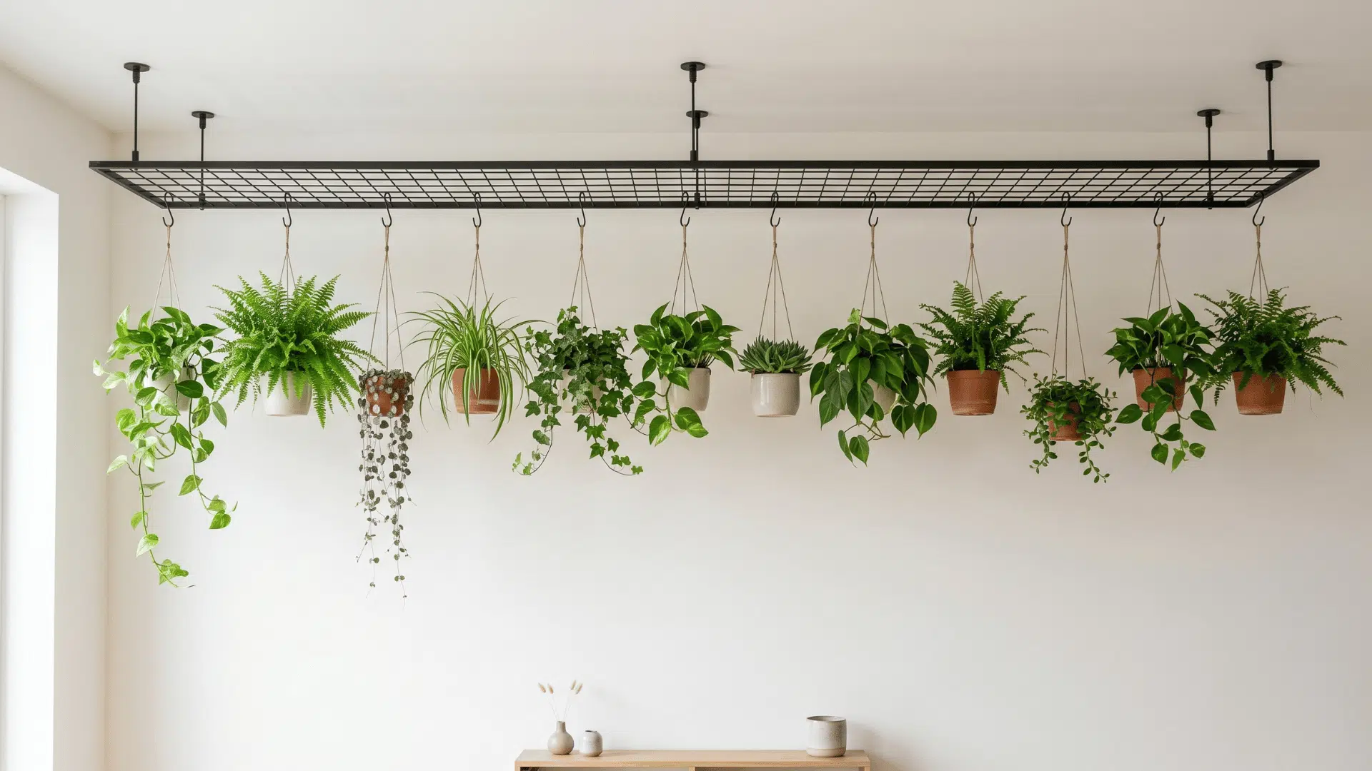 ceiling grid holding hanging plants at different heights in open space