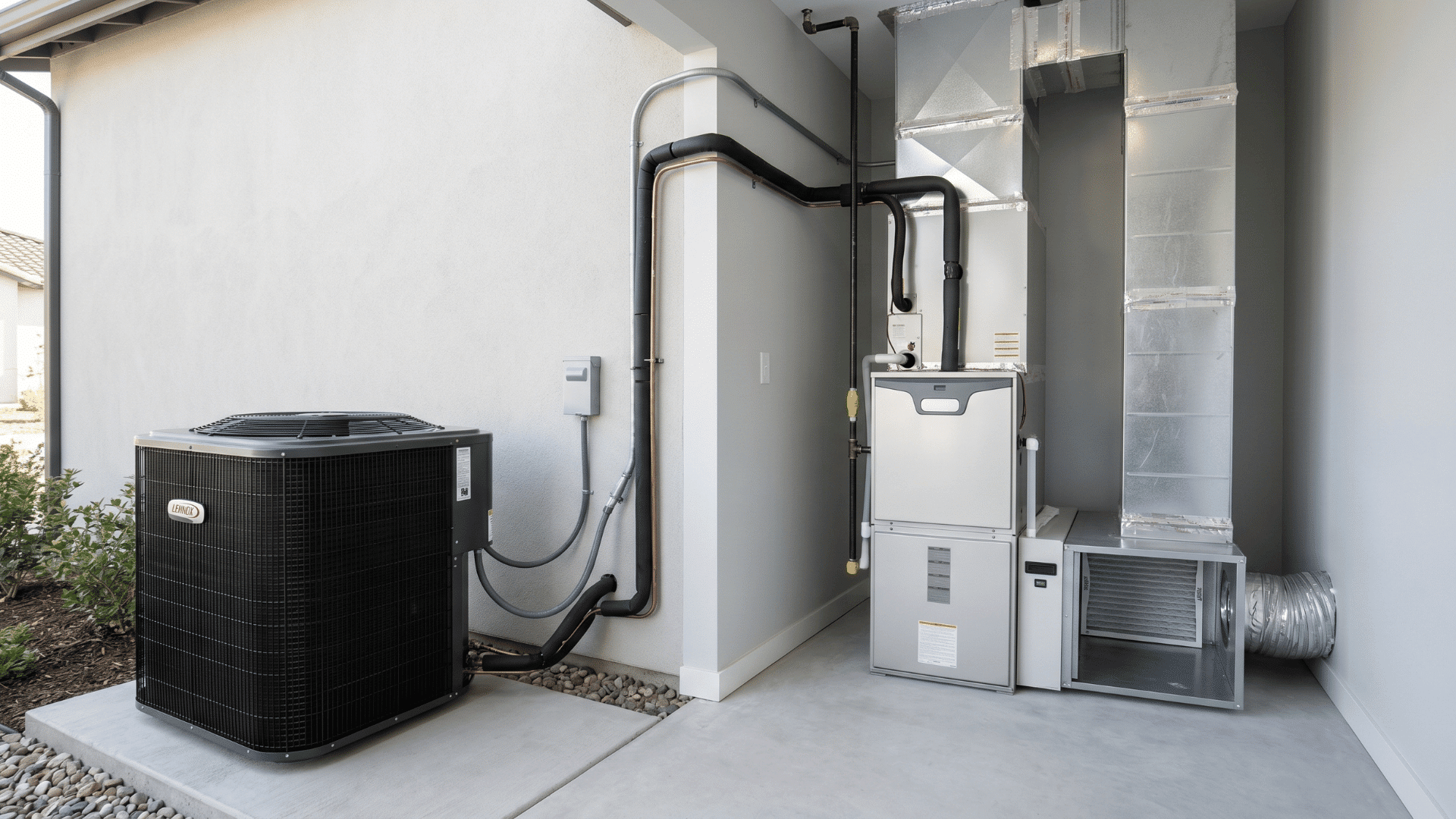 central air conditioning system with outdoor condenser and indoor hvac unit in utility space (2)