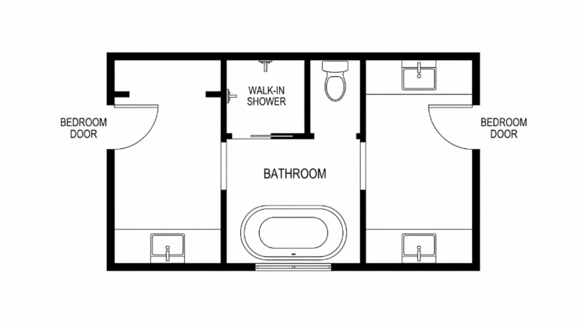 central wet room jack and jill bathroom floor plan with dual dry vanity zones on each side