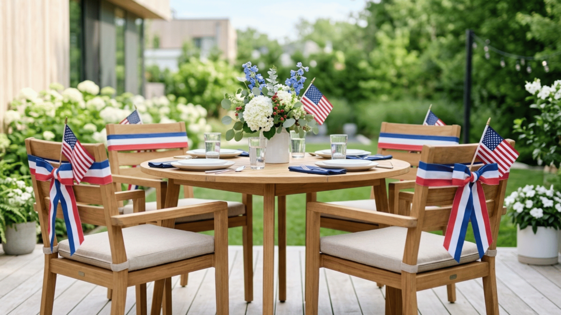 chairs decorated with ribbon bows and small flags creating simple coordinated outdoor setup