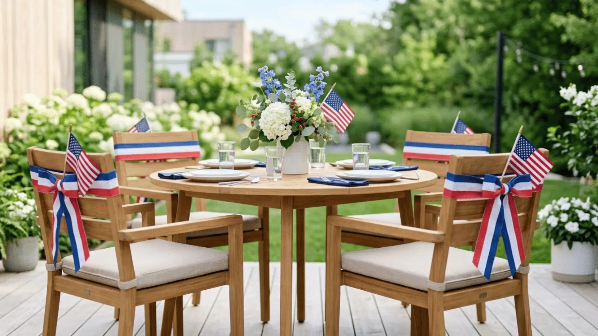 chairs decorated with ribbon bows and small flags creating simple coordinated outdoor setup