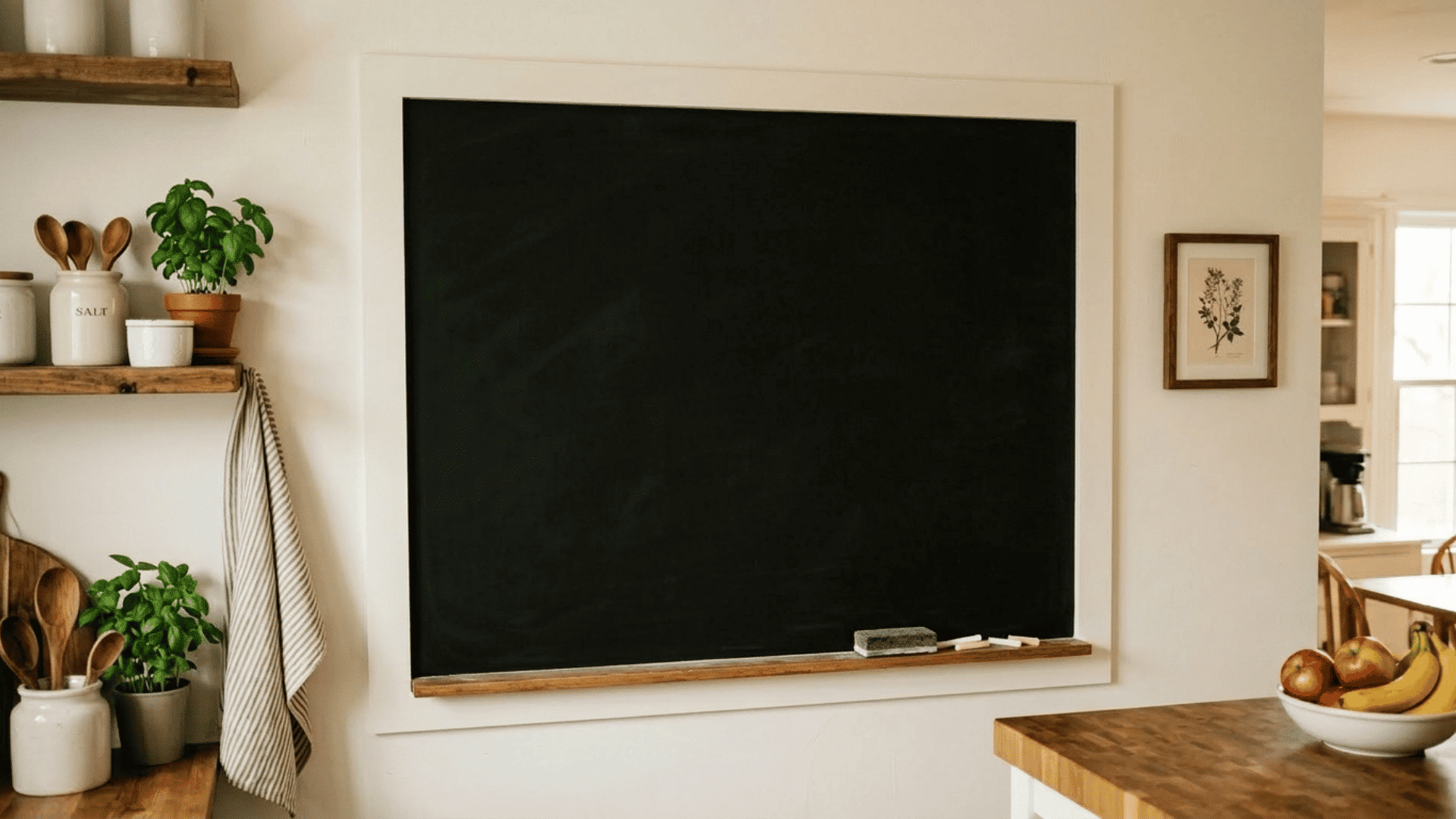 chalkboard wall in kitchen with wooden shelves, plants, utensils, and fruit bowl creating a simple and organized home space