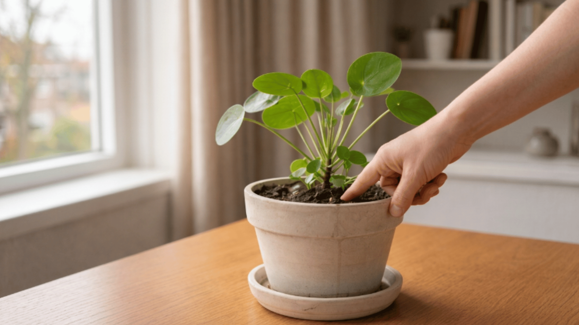 checking soil moisture by inserting finger into houseplant soil before watering (2)