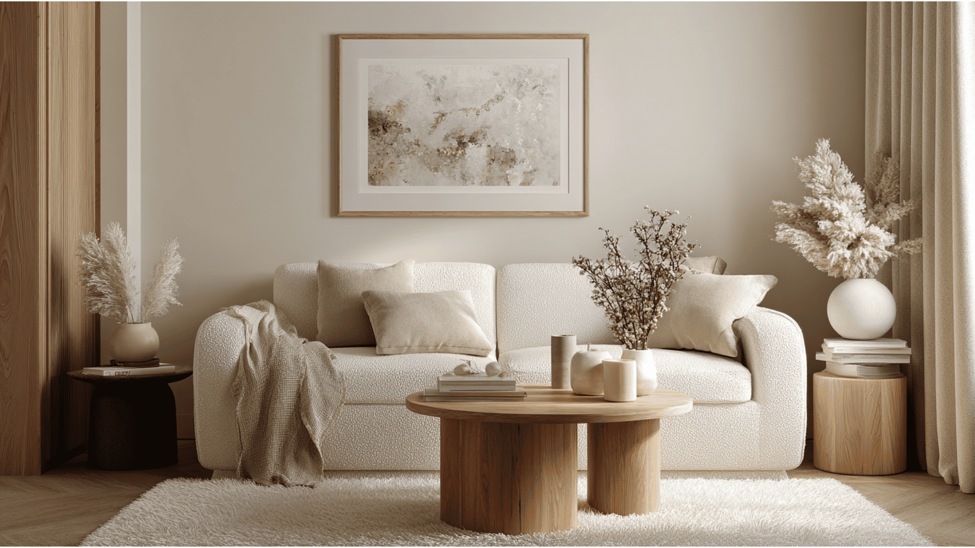 _Chic small living room with monochromatic cream and ivory decor including boucle sofa, linen cushions, and shaggy rug