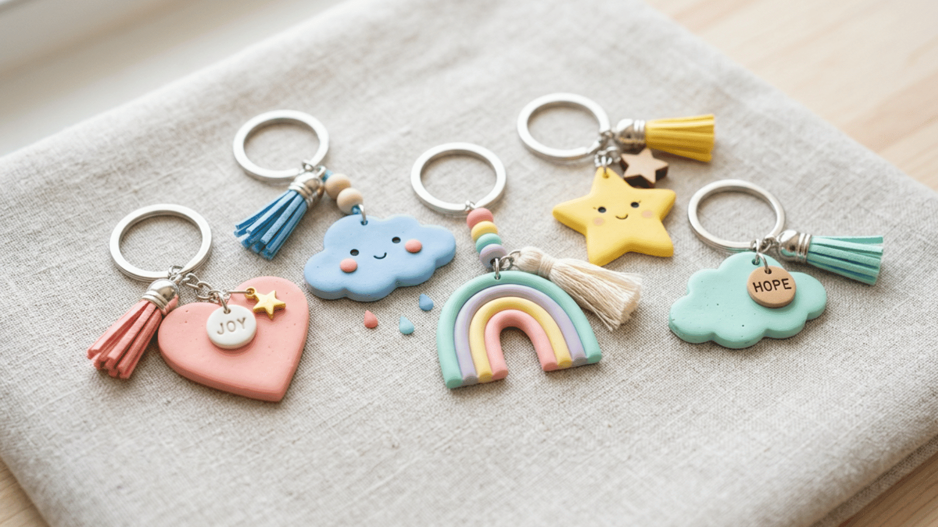 clay keychains in fun shapes like cloud, star, heart arranged on table with simple handmade finish