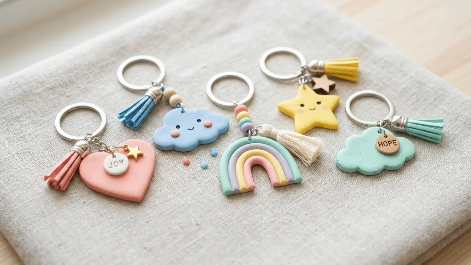 clay keychains in fun shapes like cloud, star, heart arranged on table with simple handmade finish