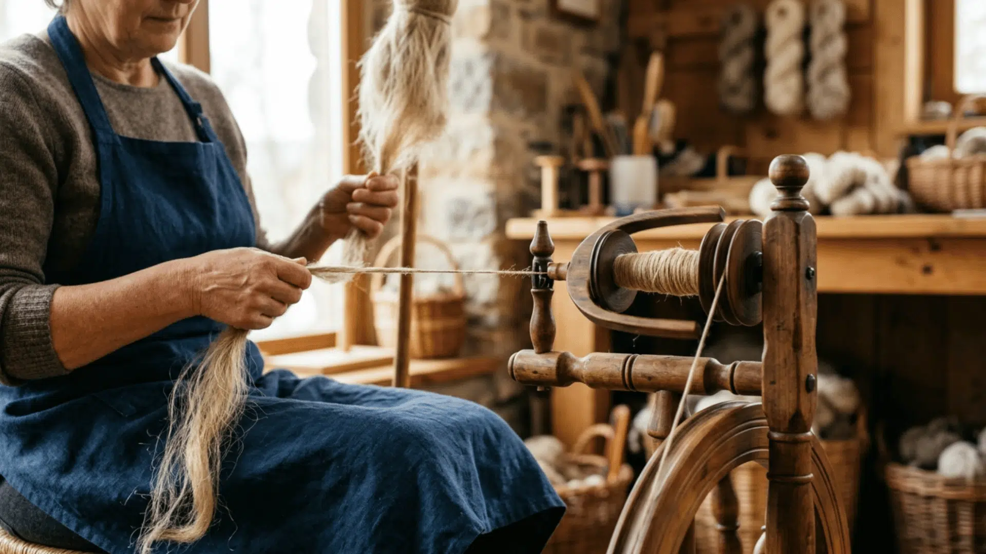 Clean flax fibers being spun into fine yarn, showing twisting motion and smooth thread formation