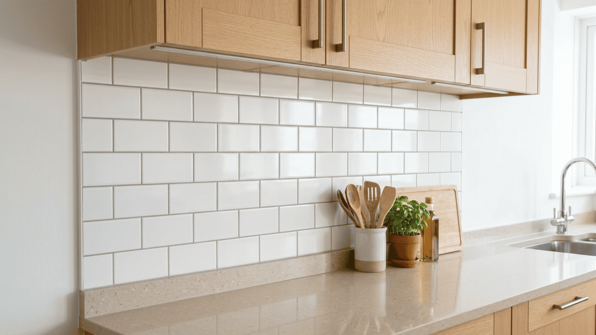 clean white subway tile kitchen backsplash with even grout lines installed between countertop and cabinets