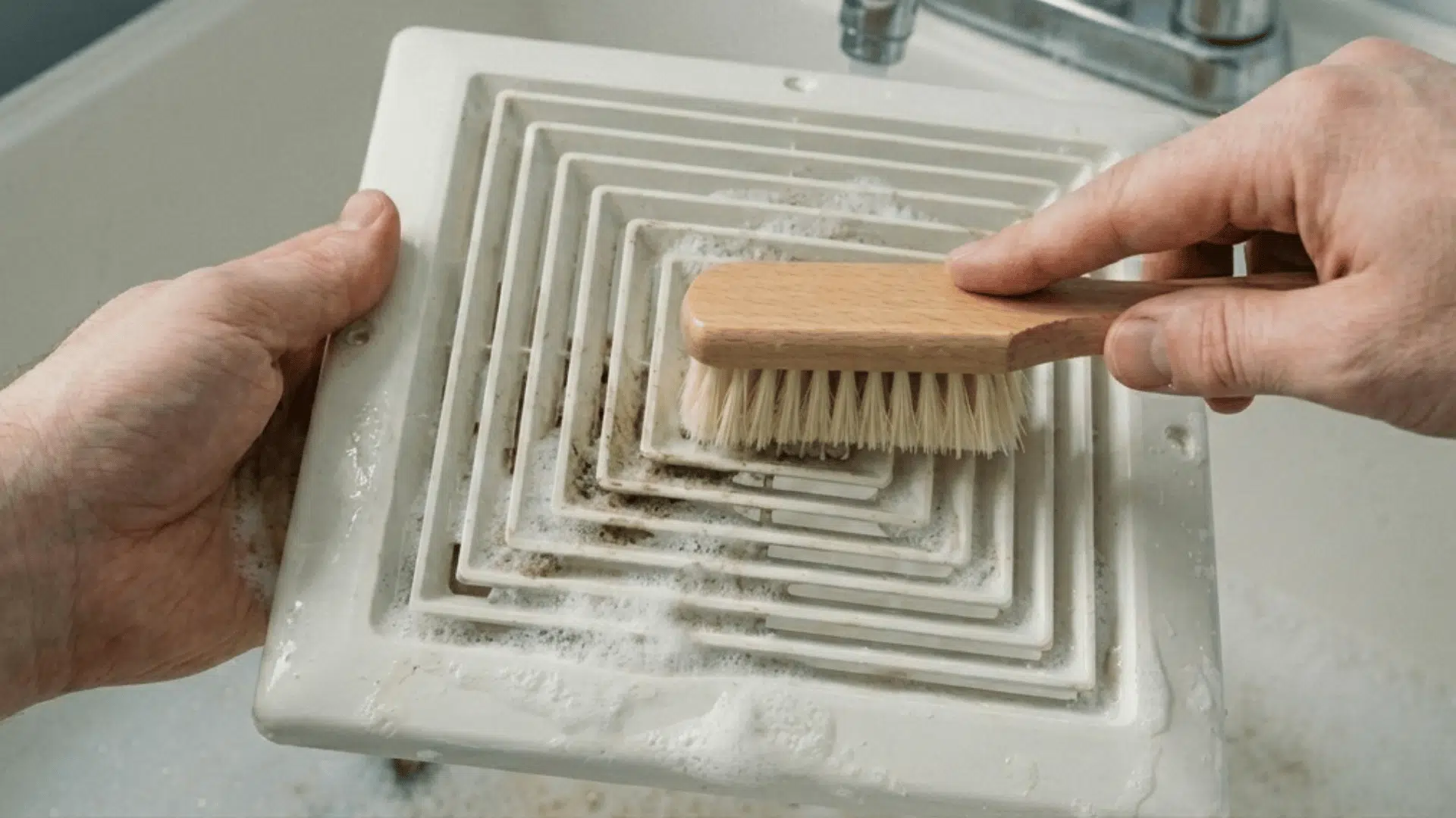 cleaning exhaust fan cover with brush and soap in sink.
