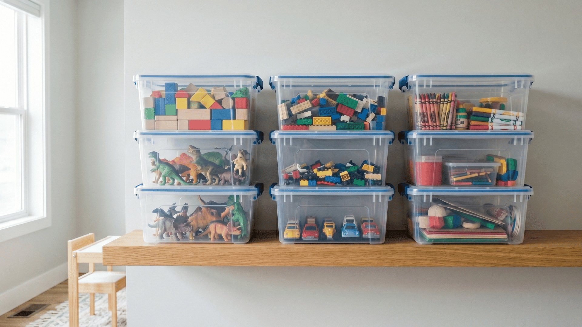 clear containers stacked on shelf toys visible inside clean setup soft natural light simple organized look