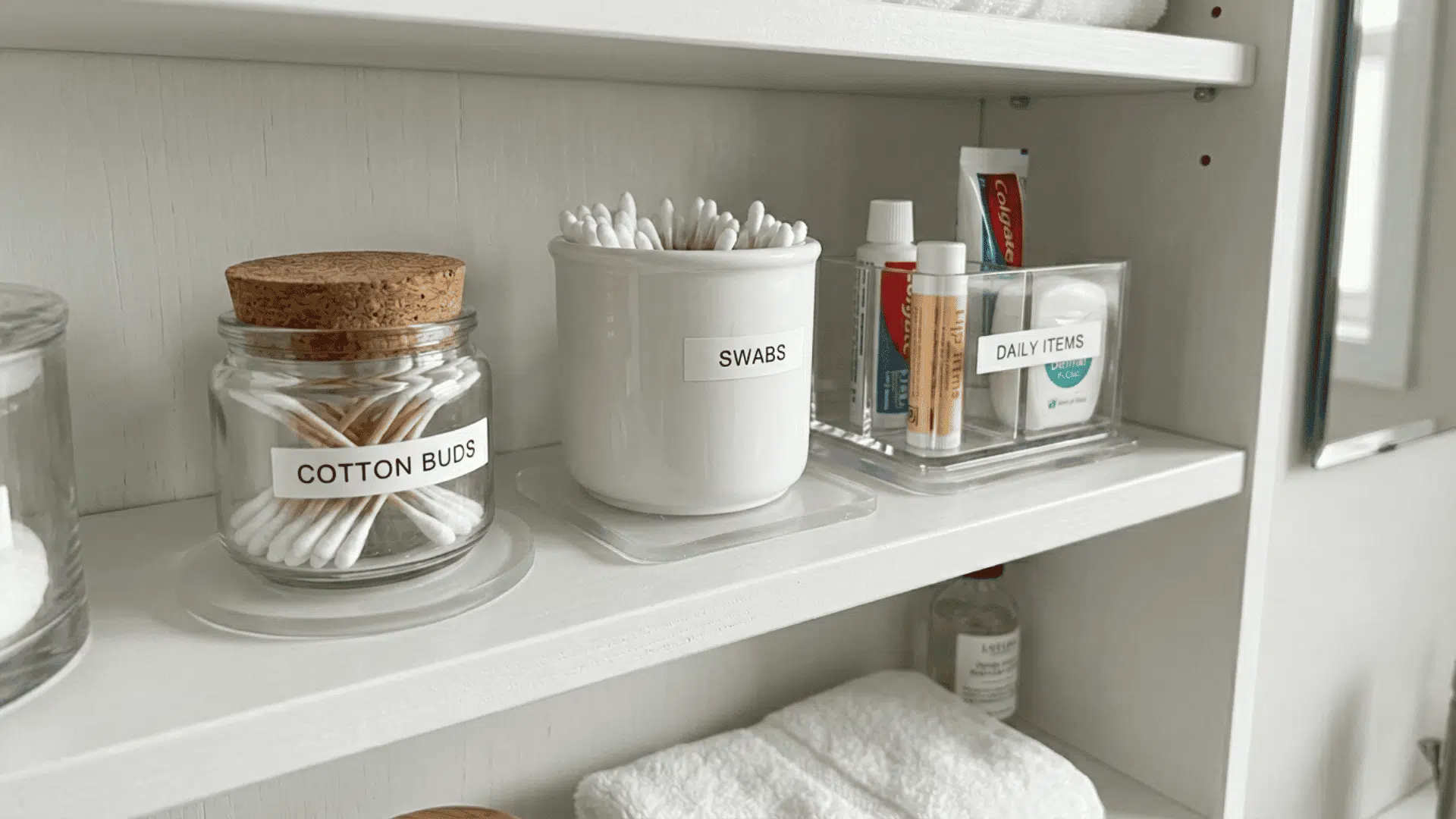 clear non-slip gel pads placed under small bathroom containers and bins on a white cabinet shelf