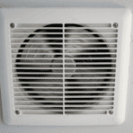 close-up of dusty bathroom exhaust fan cover with visible dirt buildup.