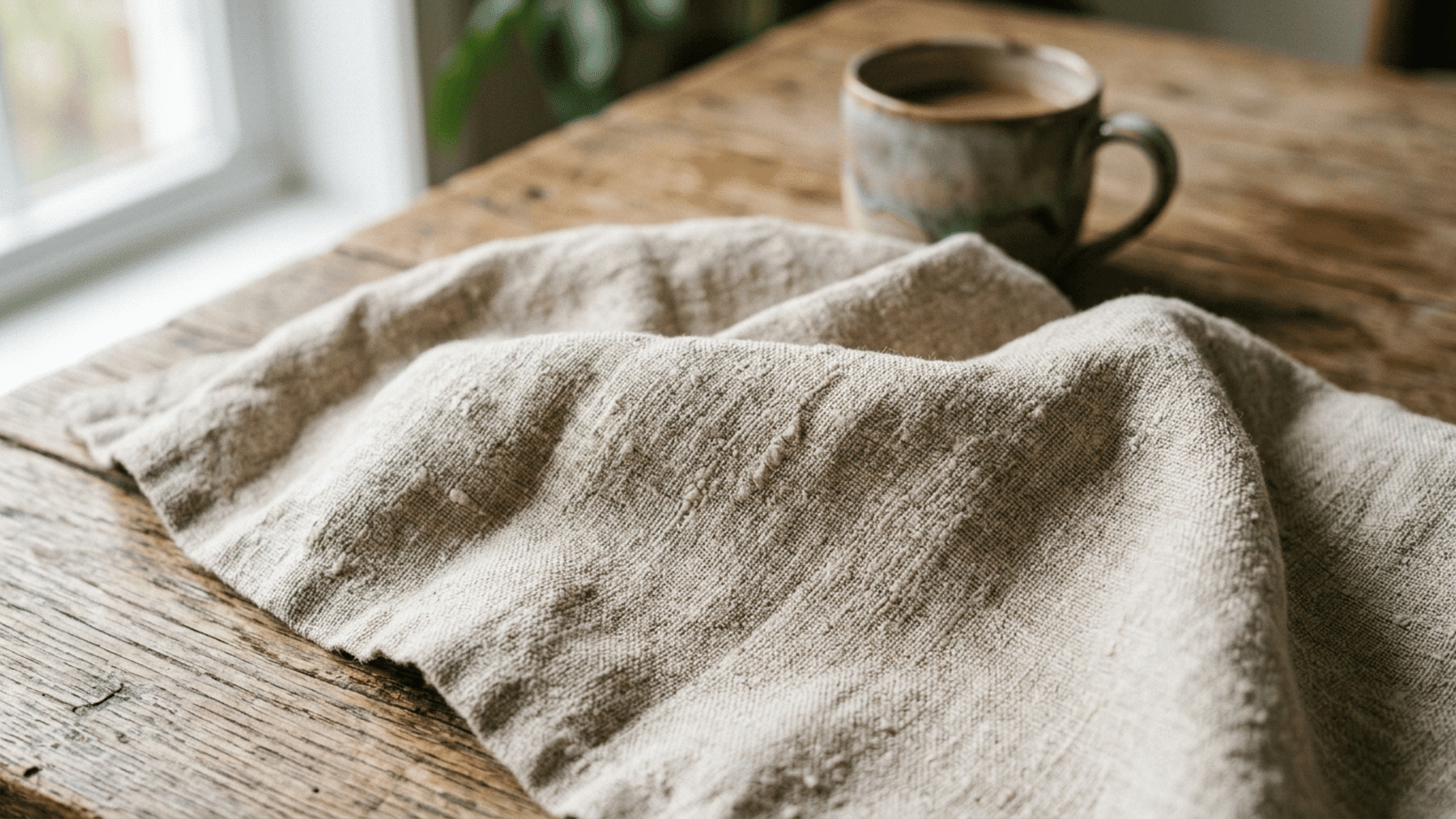 close-up of textured linen fabric spread on a wooden table with soft natural light and a cup in the background.