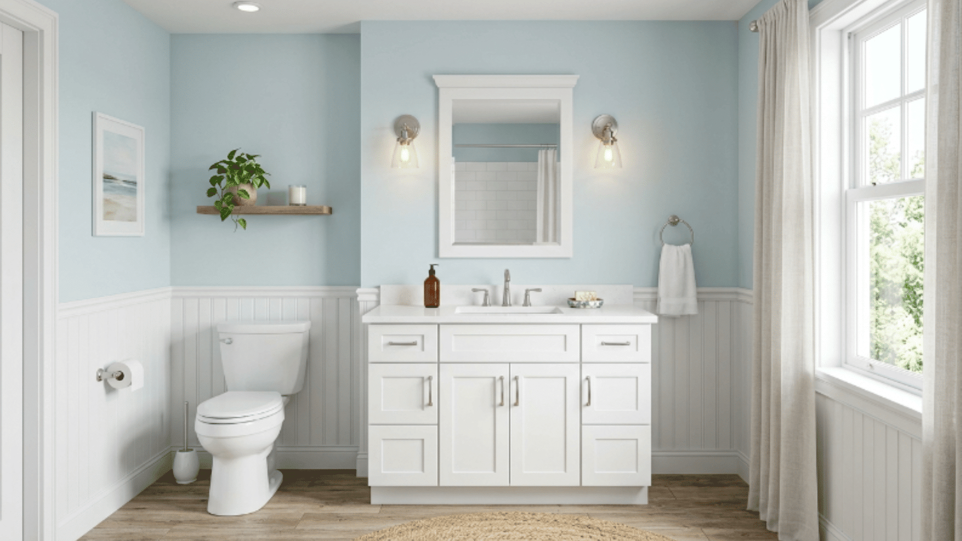 coastal light blue guest bathroom with airy tones white fixtures clean space front view (1)