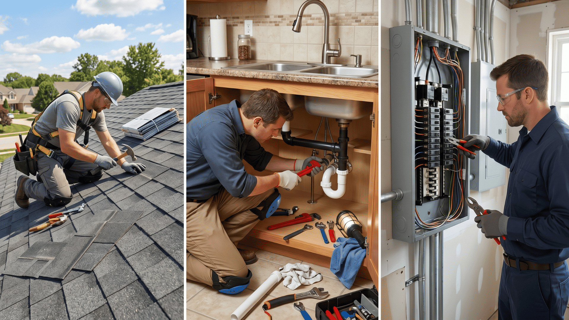 collage showing roof repair plumbing fix and electrical work inside a residential home setting with workers