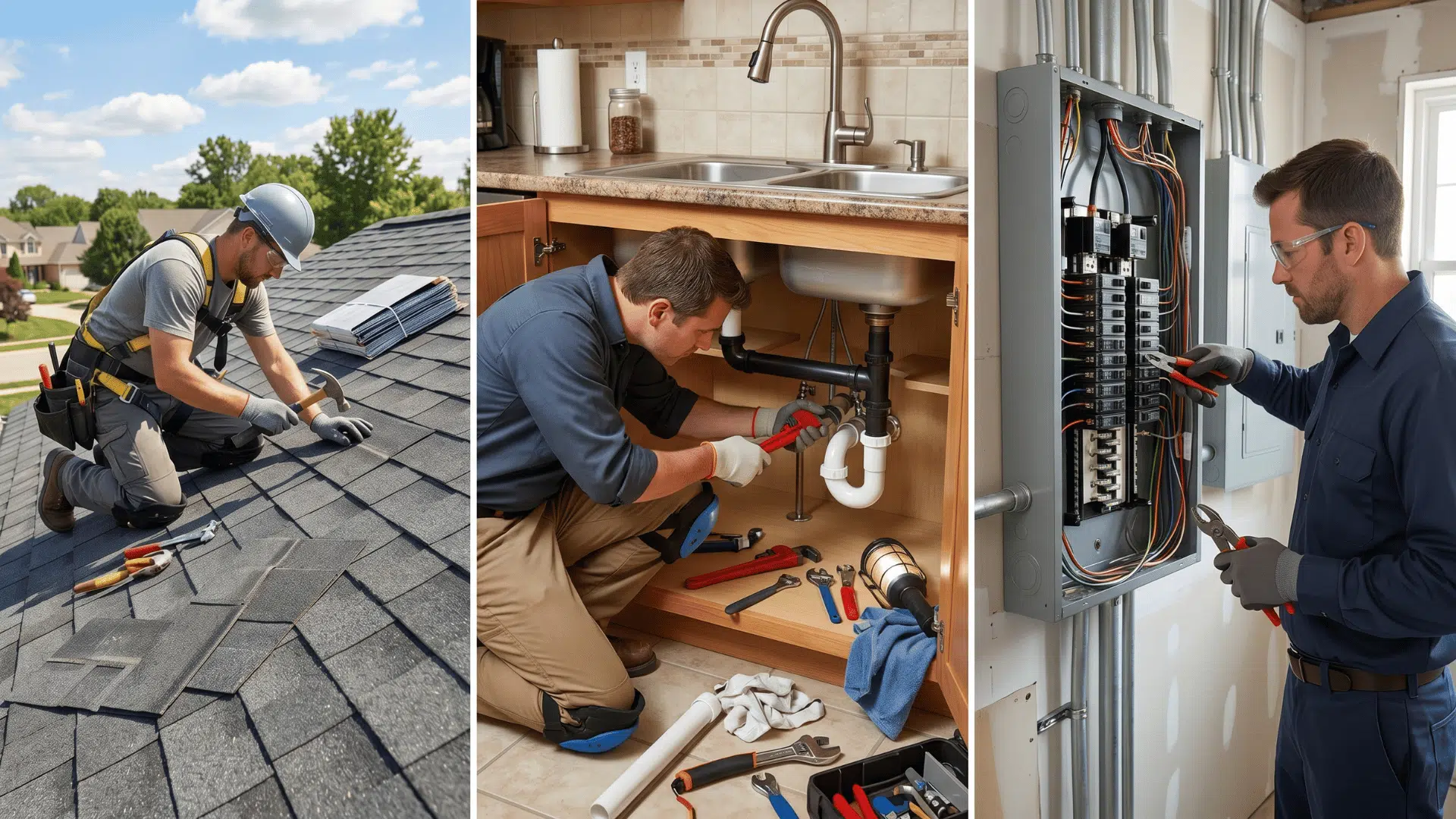 collage showing roof repair plumbing fix and electrical work inside a residential home setting with workers