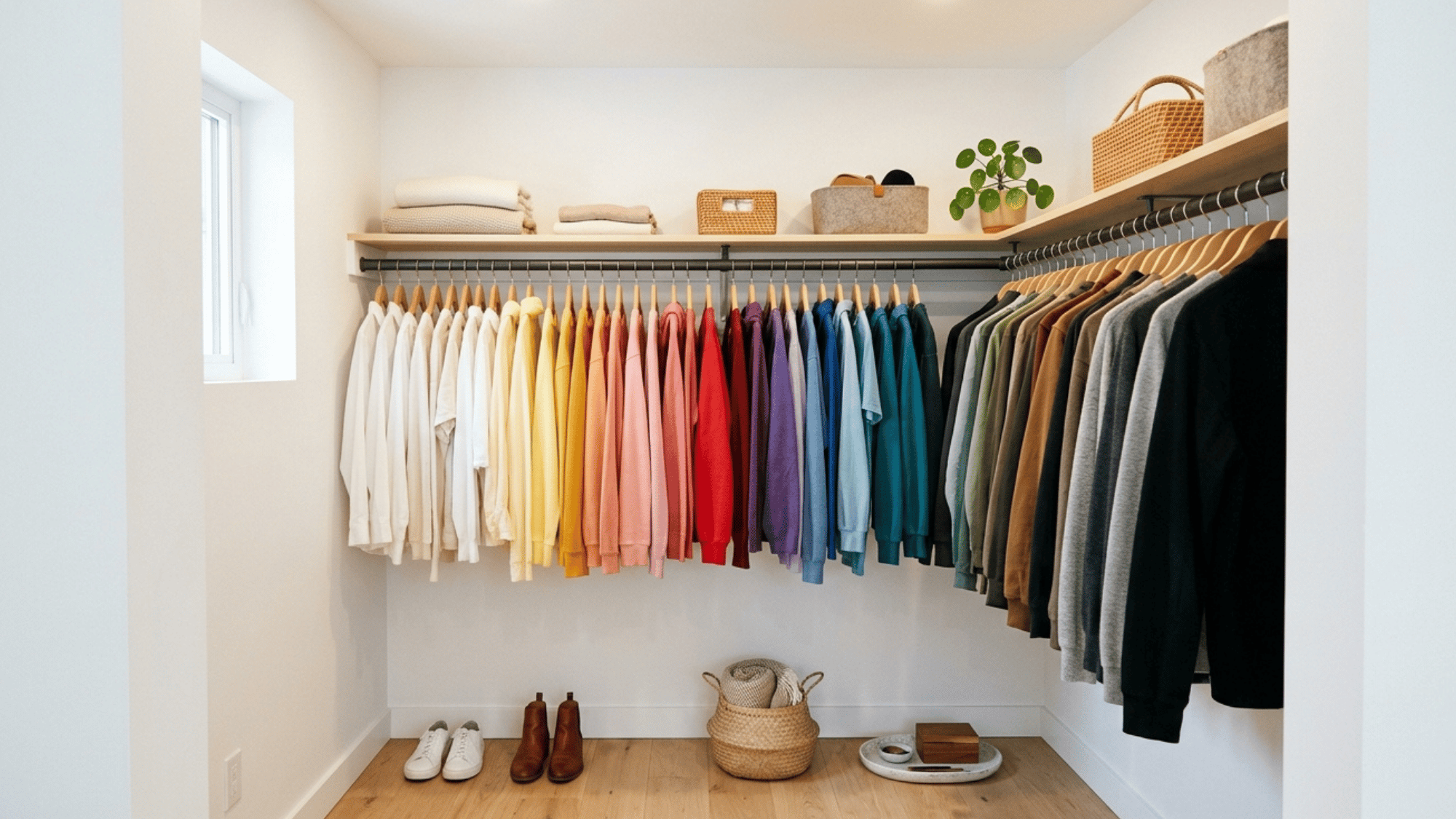 color-coded clothing arrangement as a creative DIY small walk-in closet organization idea.