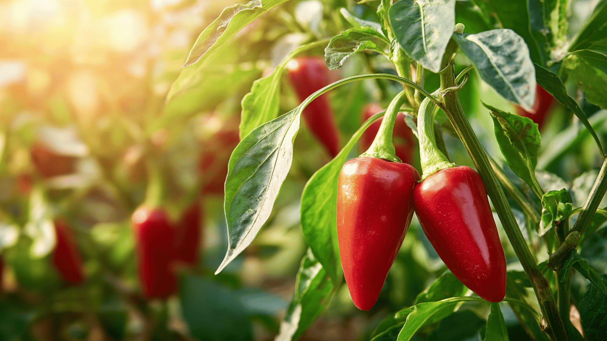 colorful bell and chili peppers growing on plant in sunny garden with healthy green leaves
