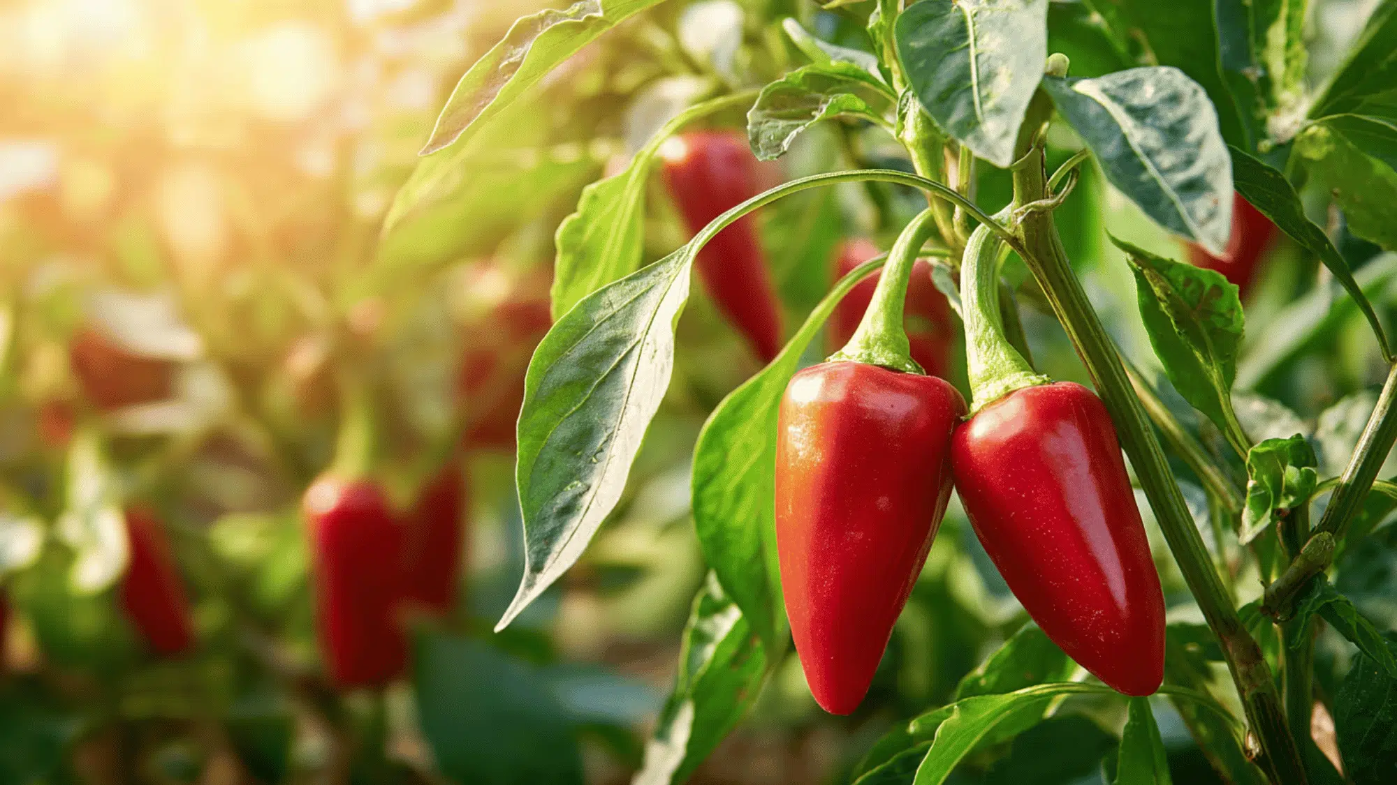 colorful bell and chili peppers growing on plant in sunny garden with healthy green leaves