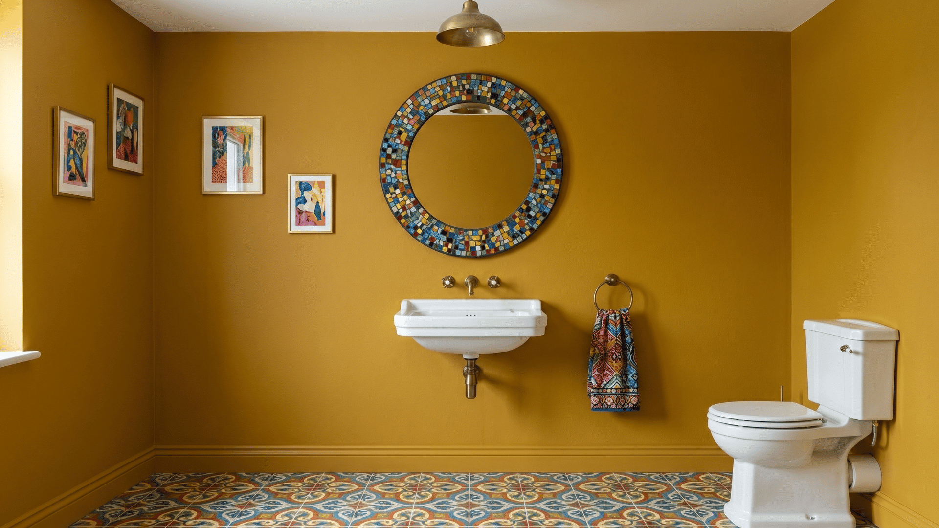 colorful eclectic guest bathroom with mixed patterns bold colors clean layout front view (1)