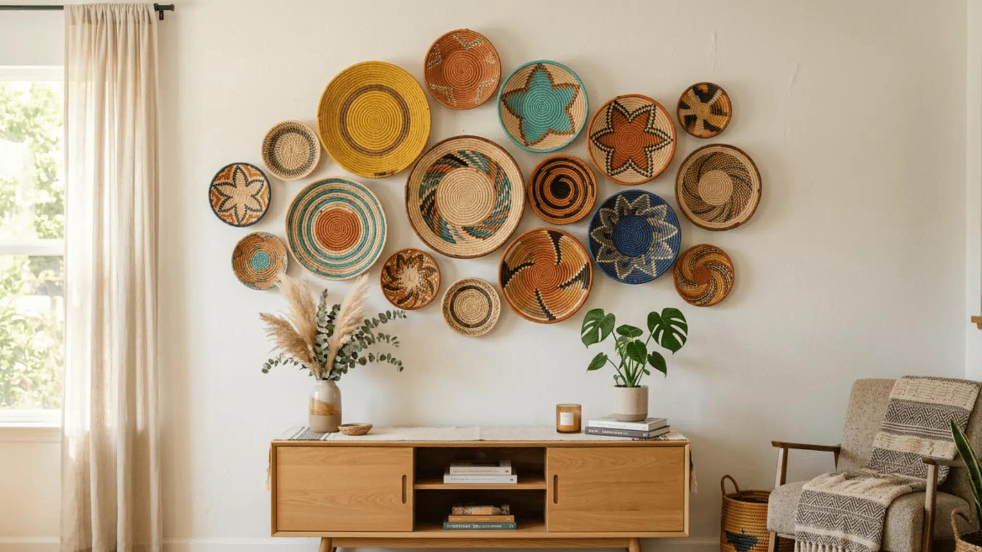 colorful woven baskets arranged as wall gallery creating artistic and modern home decor