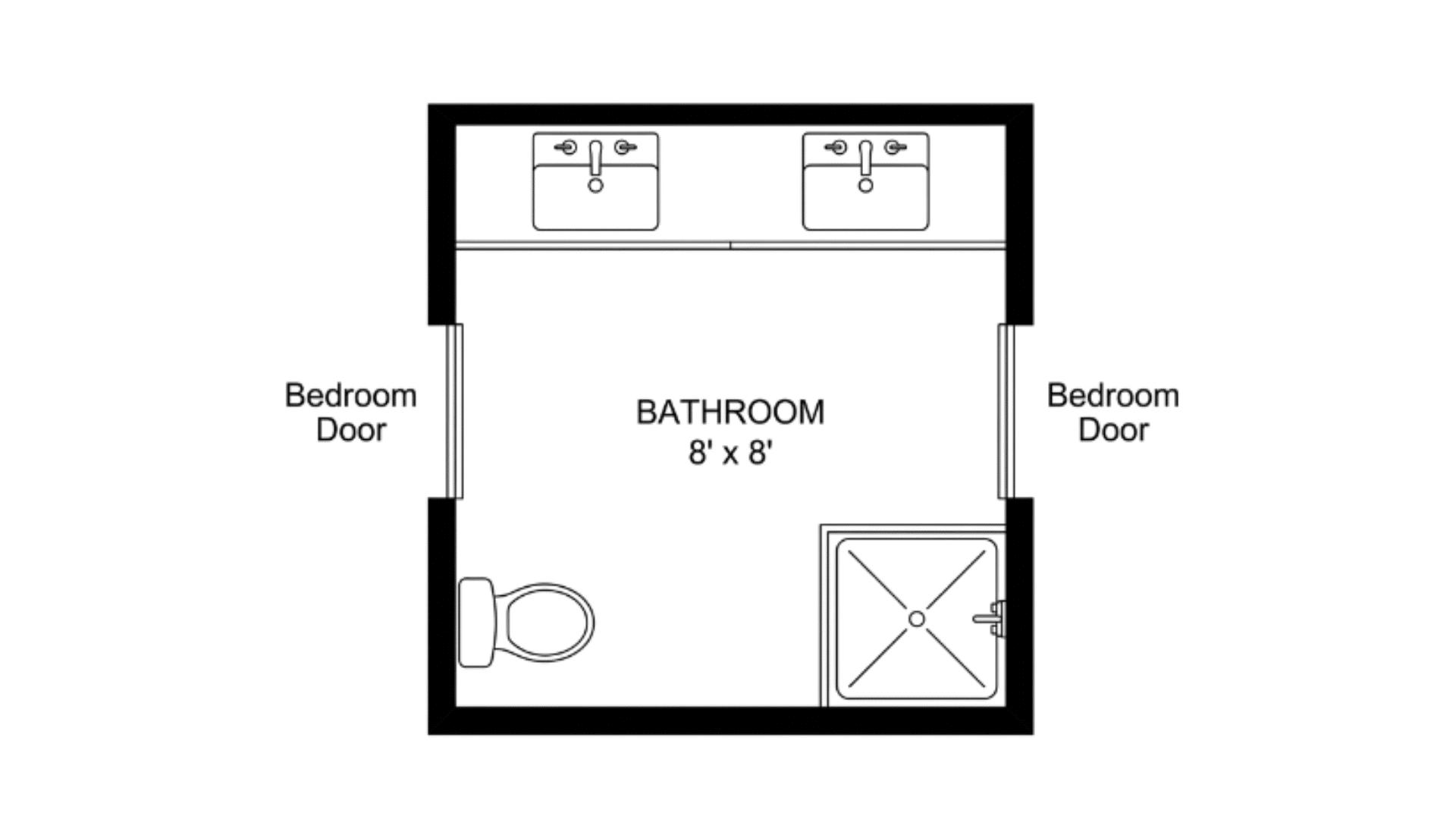 compact square jack and jill bathroom floor plan with corner shower and double sink back wall