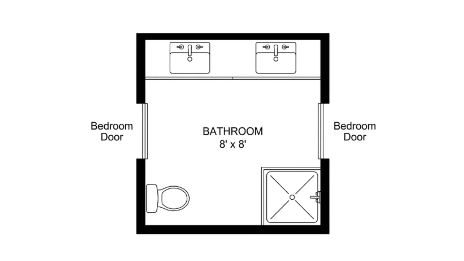 compact square jack and jill bathroom floor plan with corner shower and double sink back wall
