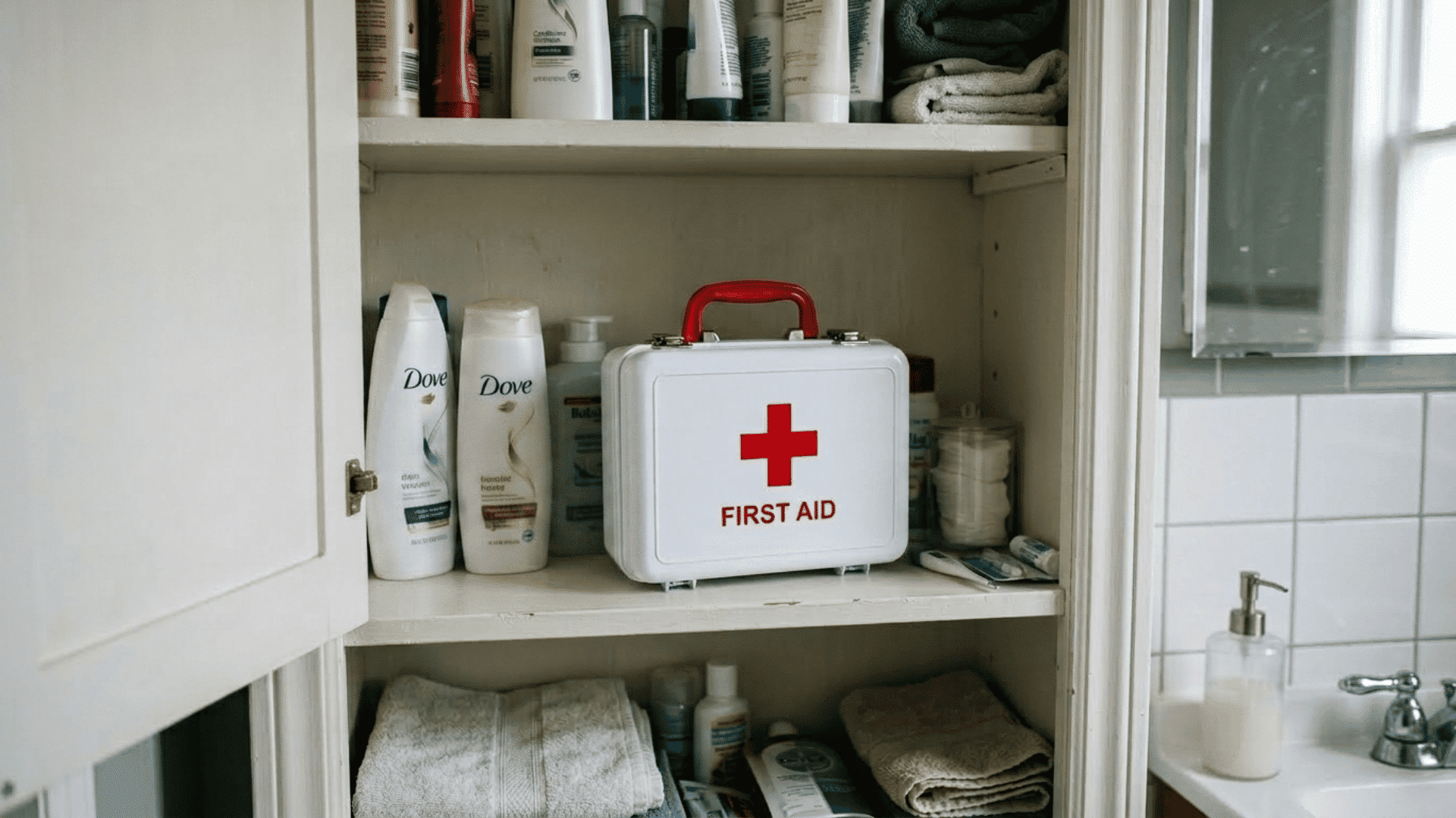 compact white portable first aid box on a bathroom cabinet shelf with bandages ointments and medicine stored inside