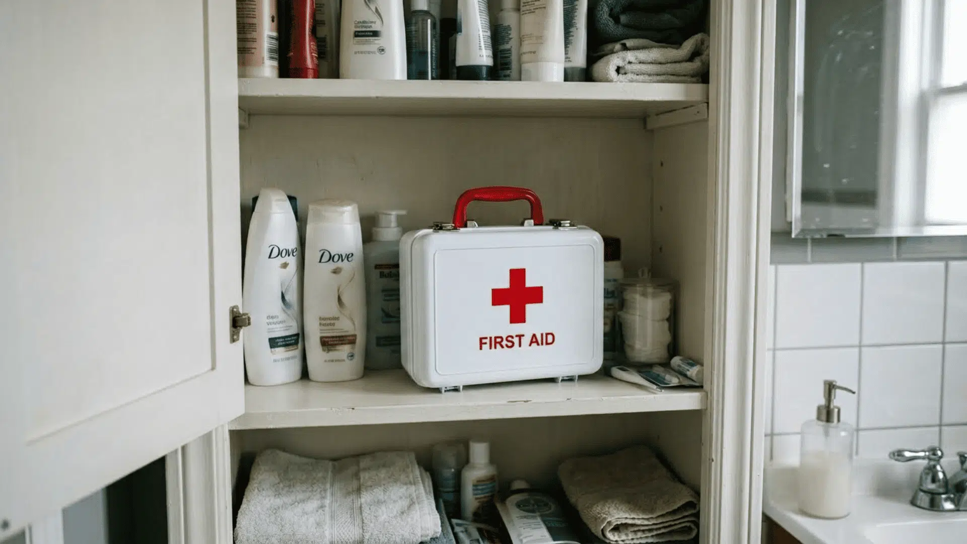 compact white portable first aid box on a bathroom cabinet shelf with bandages ointments and medicine stored inside