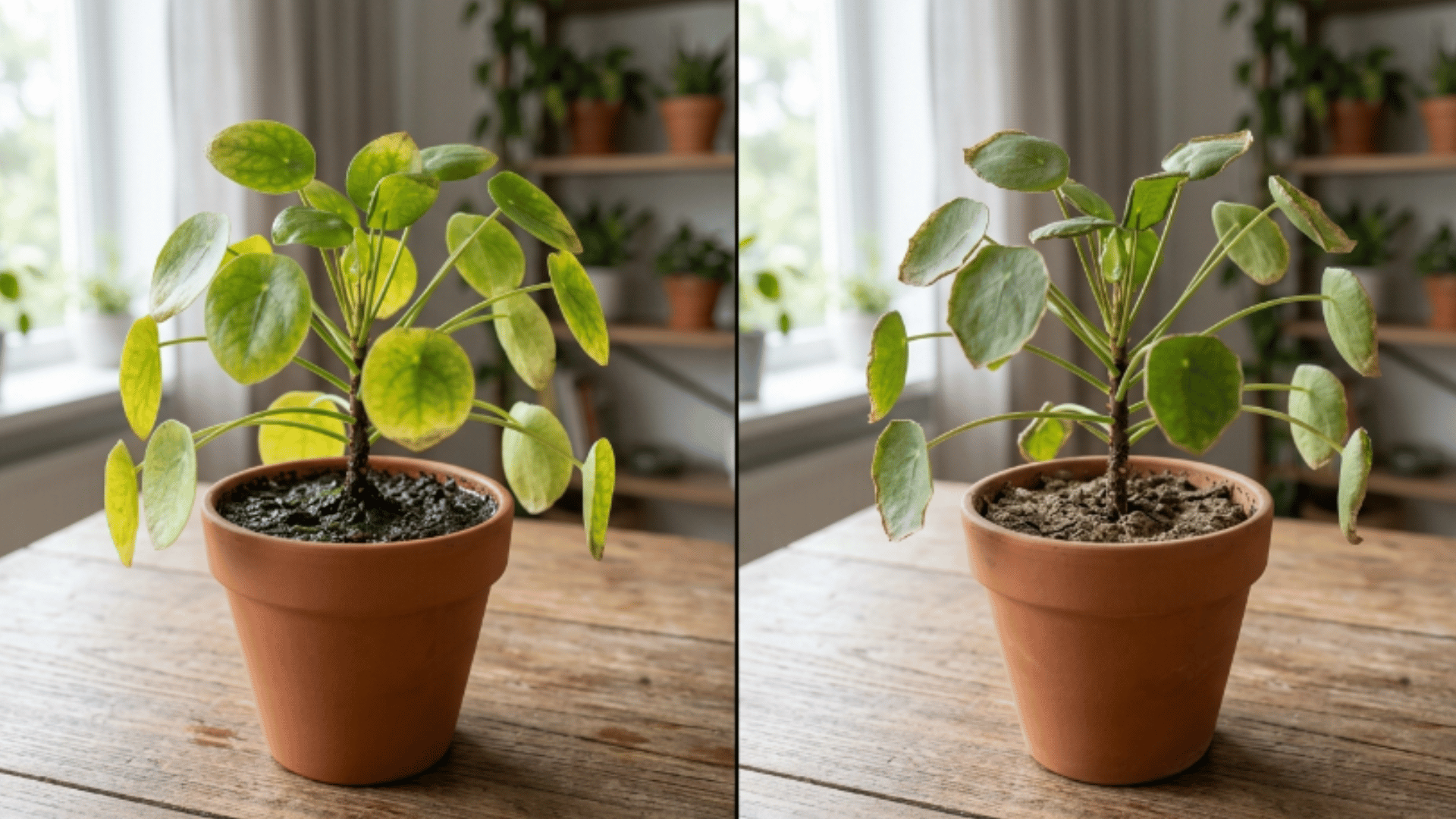 comparison of overwatered and underwatered houseplants showing wet soil and yellow leaves vs dry soil and brown edges