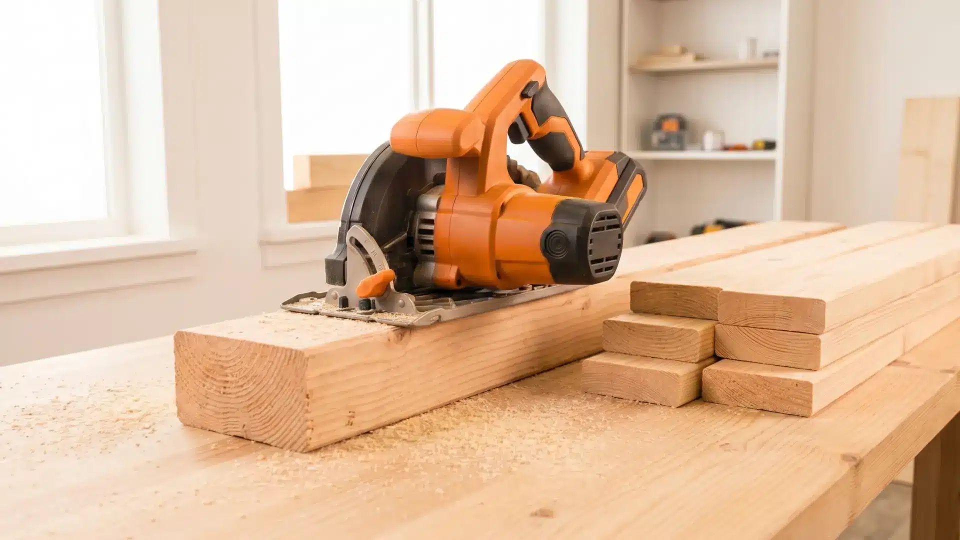 cordless circular saw cutting through a thick plank of raw timber on a clean light coloured wooden workbench surface, fine pale sawdust scattered around the cut, other neatly stacked light pine lu