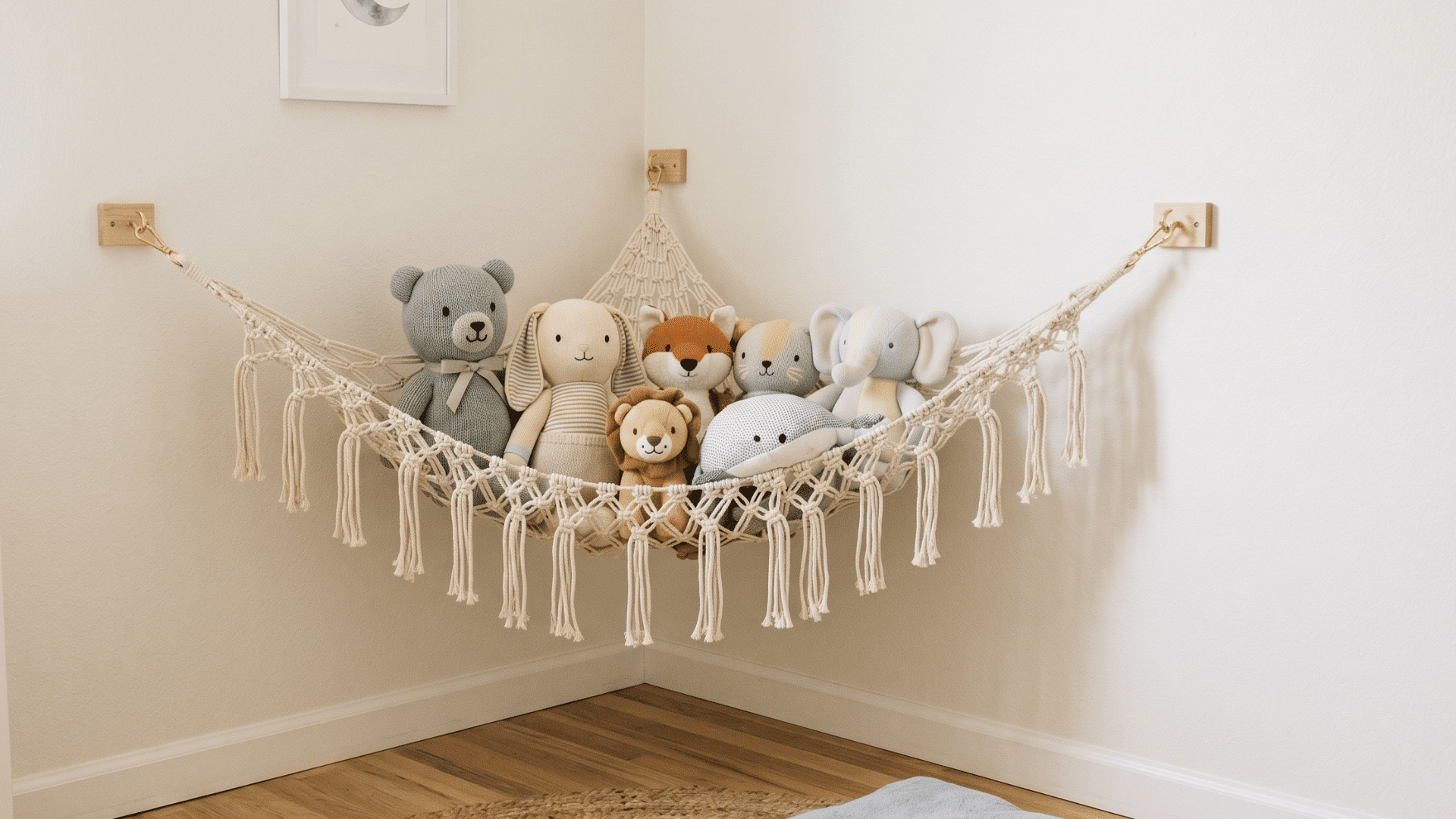 corner hammock with few plush toys open space below neutral walls soft light calm simple playroom setup