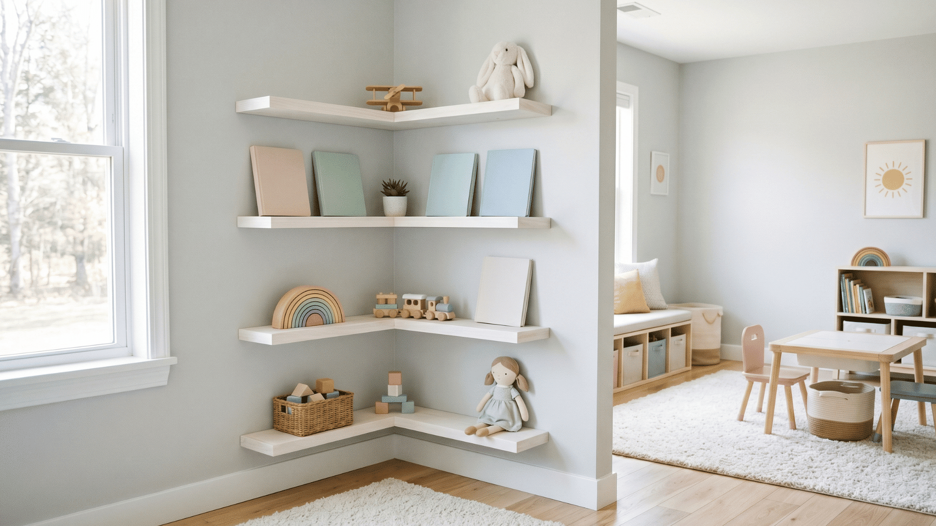 corner shelf with few items light walls open floor minimal decor soft daylight clean composition