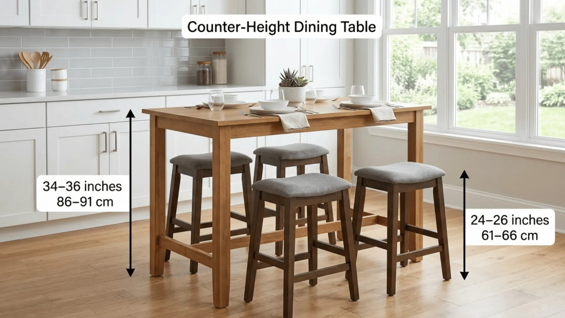 counter-height dining table with stools showing 34–36 inch table height and 24–26 inch stool height