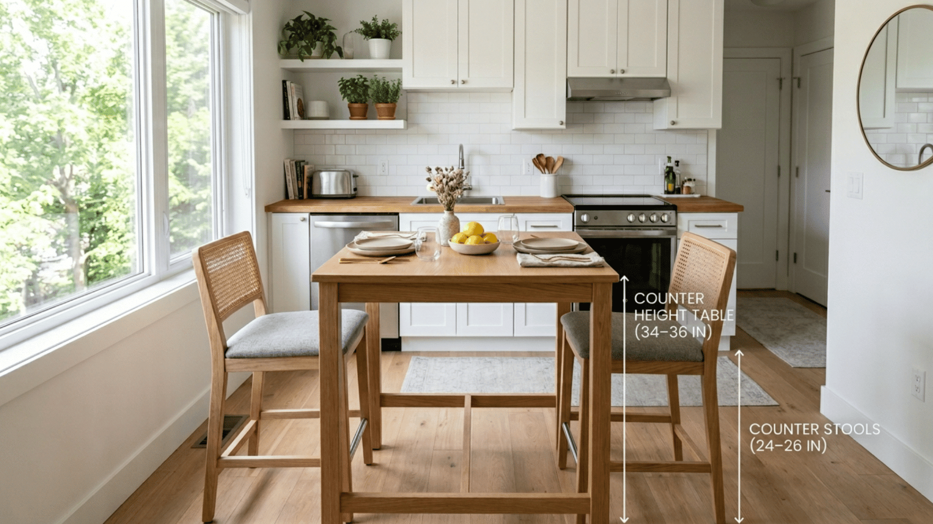 counter height dining table with upholstered chairs in an open concept kitchen and dining space