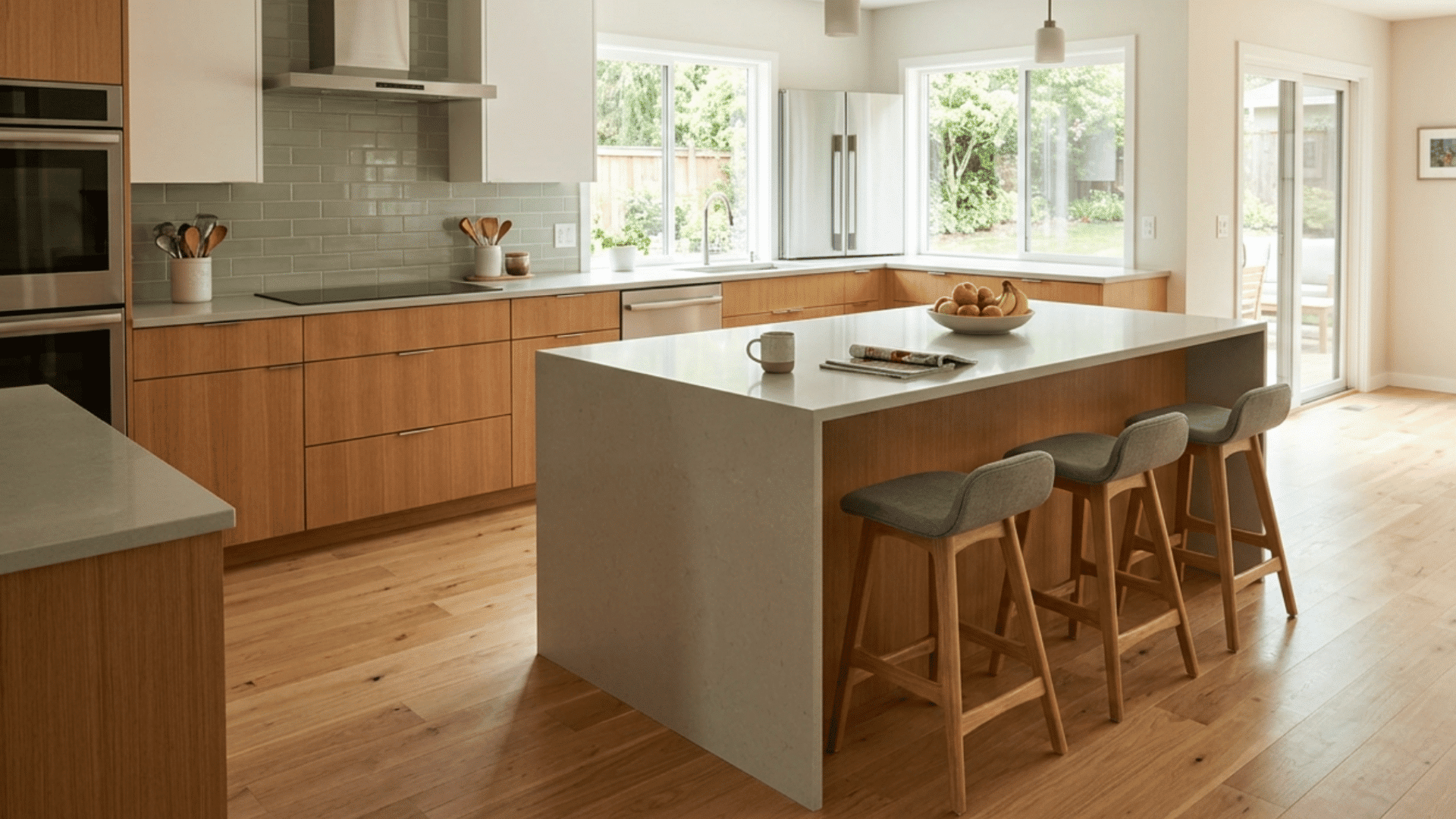 Counter height kitchen island with standard stools showing comfortable seating for everyday use