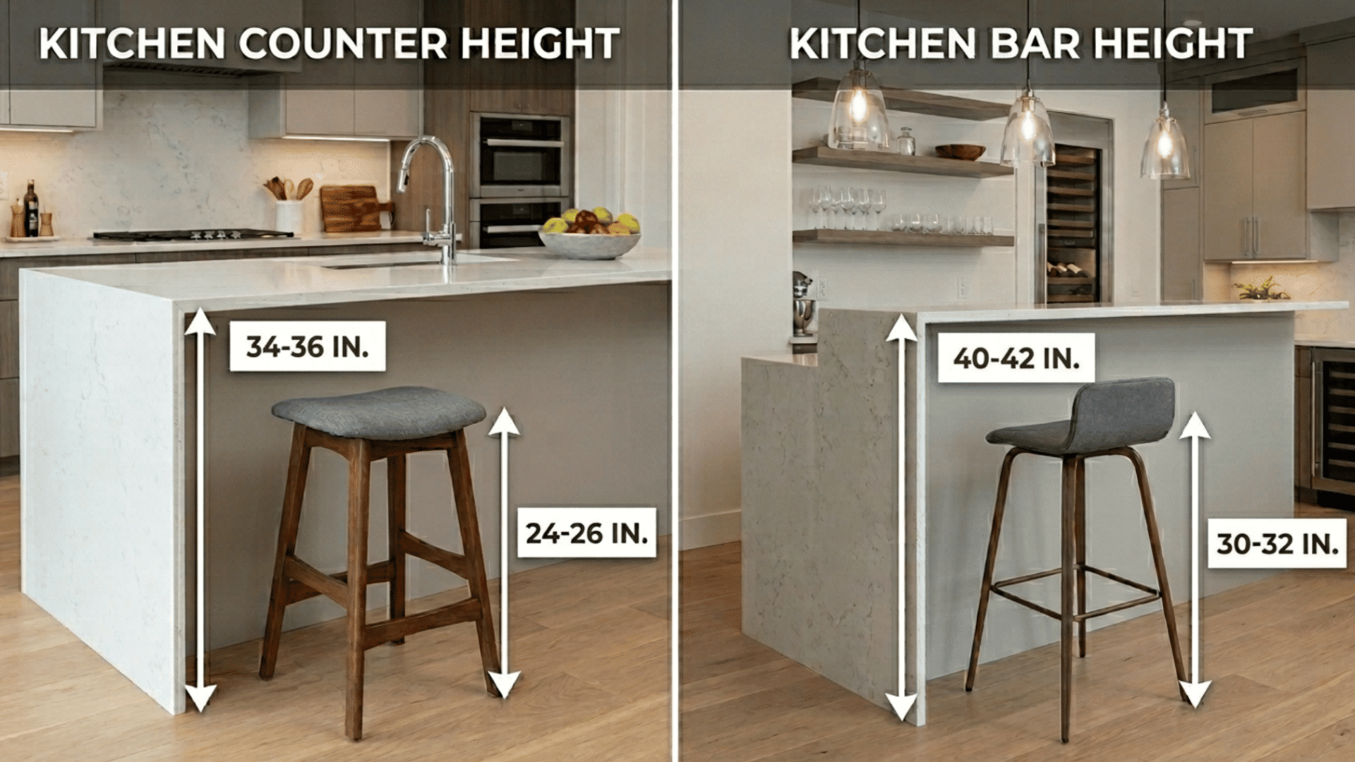 Counter vs bar height comparison showing kitchen island heights and stool size differences with measurements