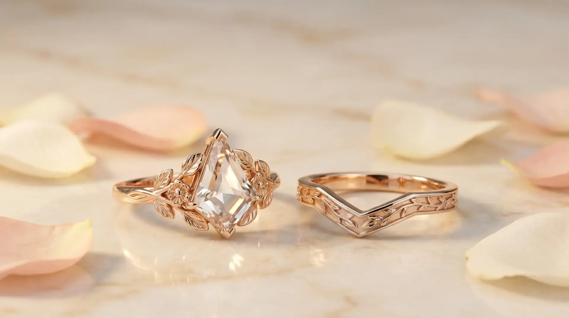Rose gold engagement ring set with intricate leaf designs on marble surface with scattered petals