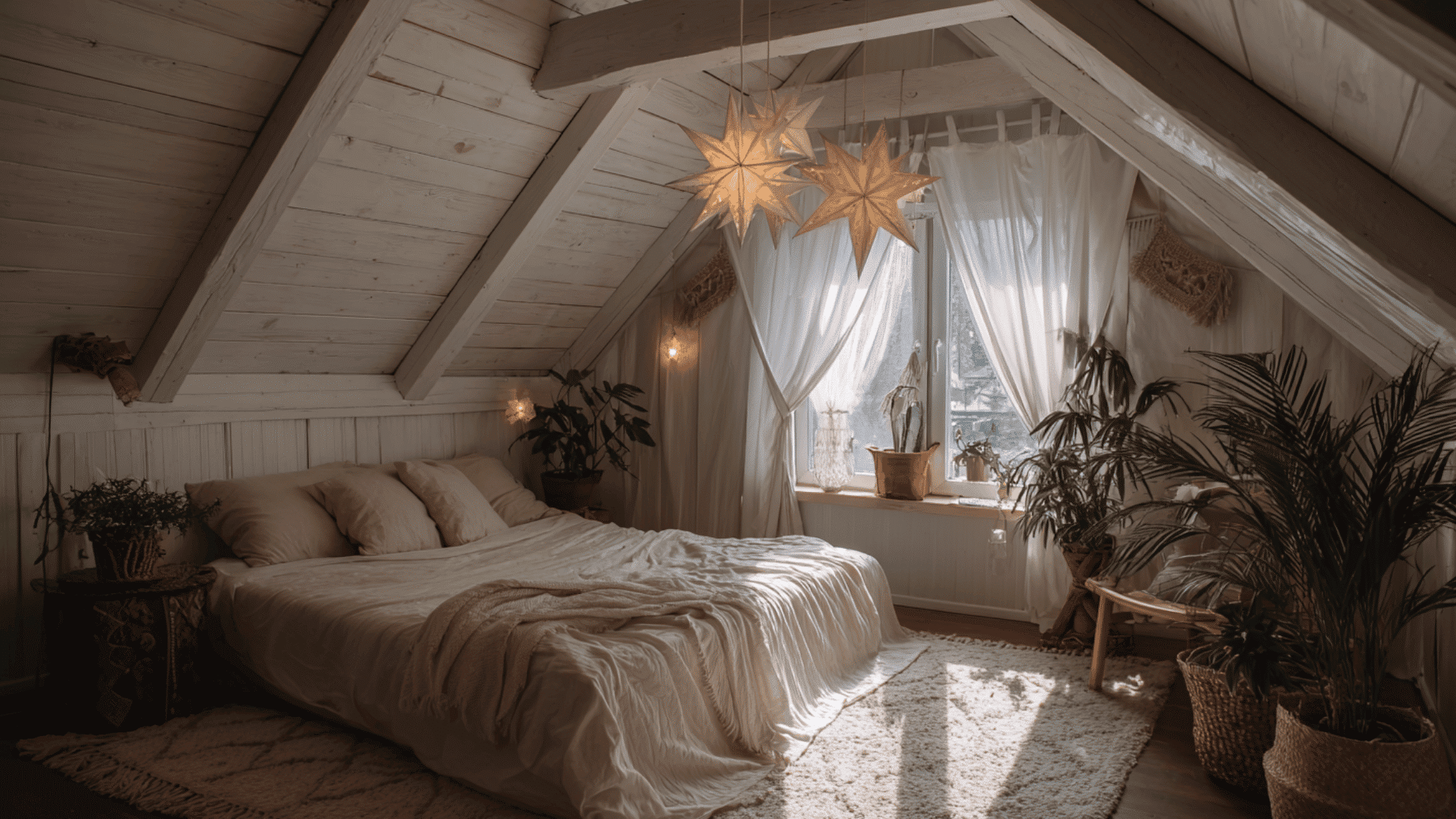 cozy attic bedroom with sloped ceiling, hanging decor, sheer curtains, plants, and warm soft lighting ambiance