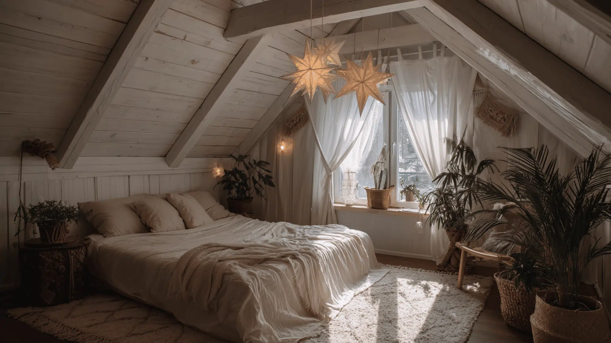 cozy attic bedroom with sloped ceiling, hanging decor, sheer curtains, plants, and warm soft lighting ambiance
