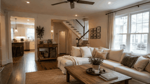 cozy farmhouse living room with cream sofa wooden floors large windows and warm natural lighting