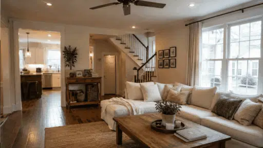 cozy farmhouse living room with cream sofa wooden floors large windows and warm natural lighting