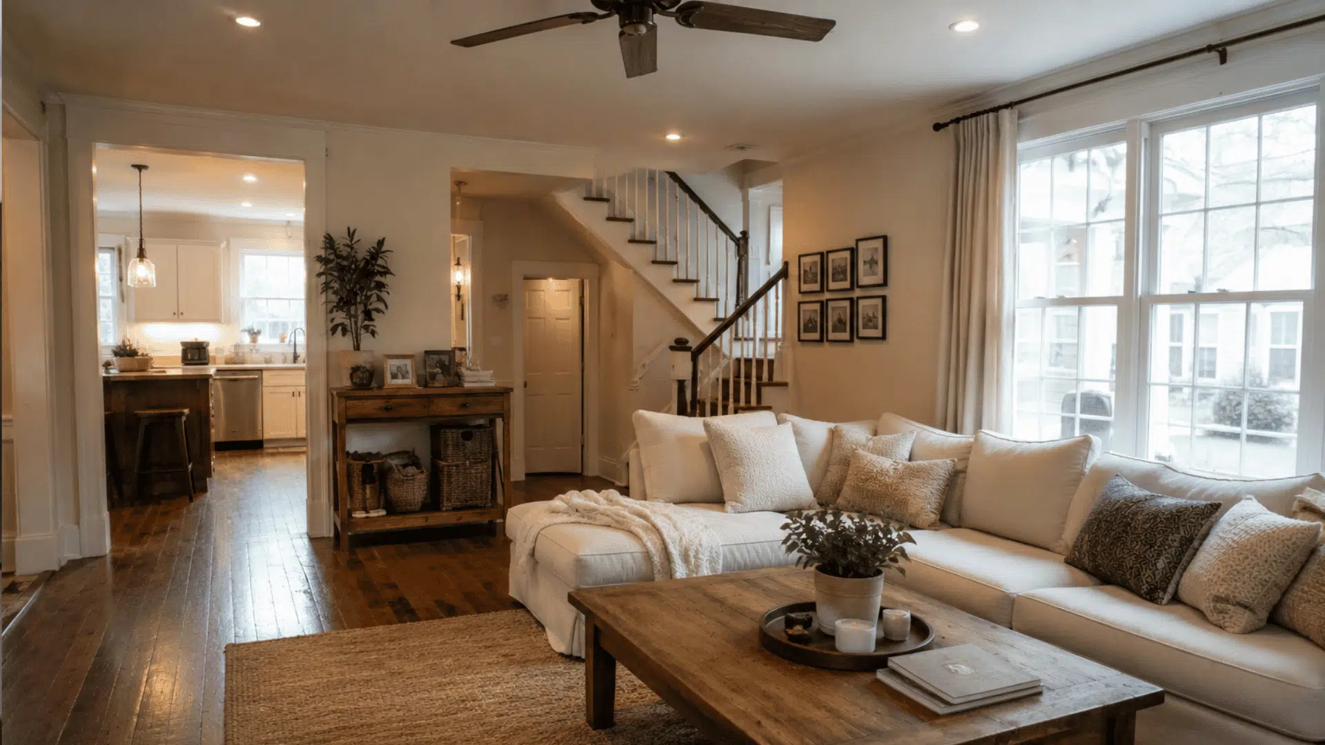 cozy farmhouse living room with cream sofa wooden floors large windows and warm natural lighting
