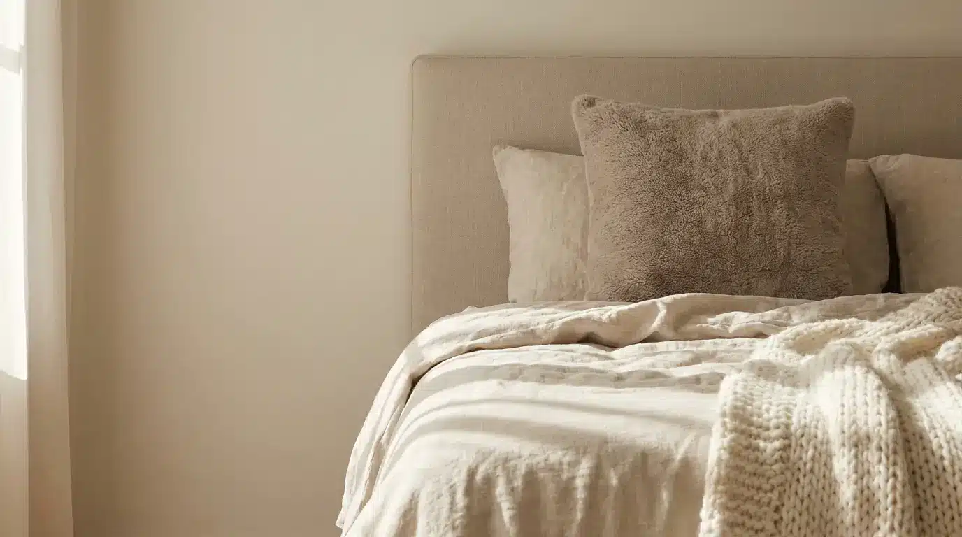 Cozy beige bedding with textured pillows on an upholstered headboard in softly lit bedroom