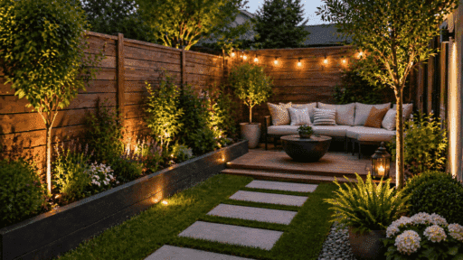 Cozy small backyard with wooden fencing, warm string lights, lush plants, stone path, and compact seating area for relaxing outdoors at dusk