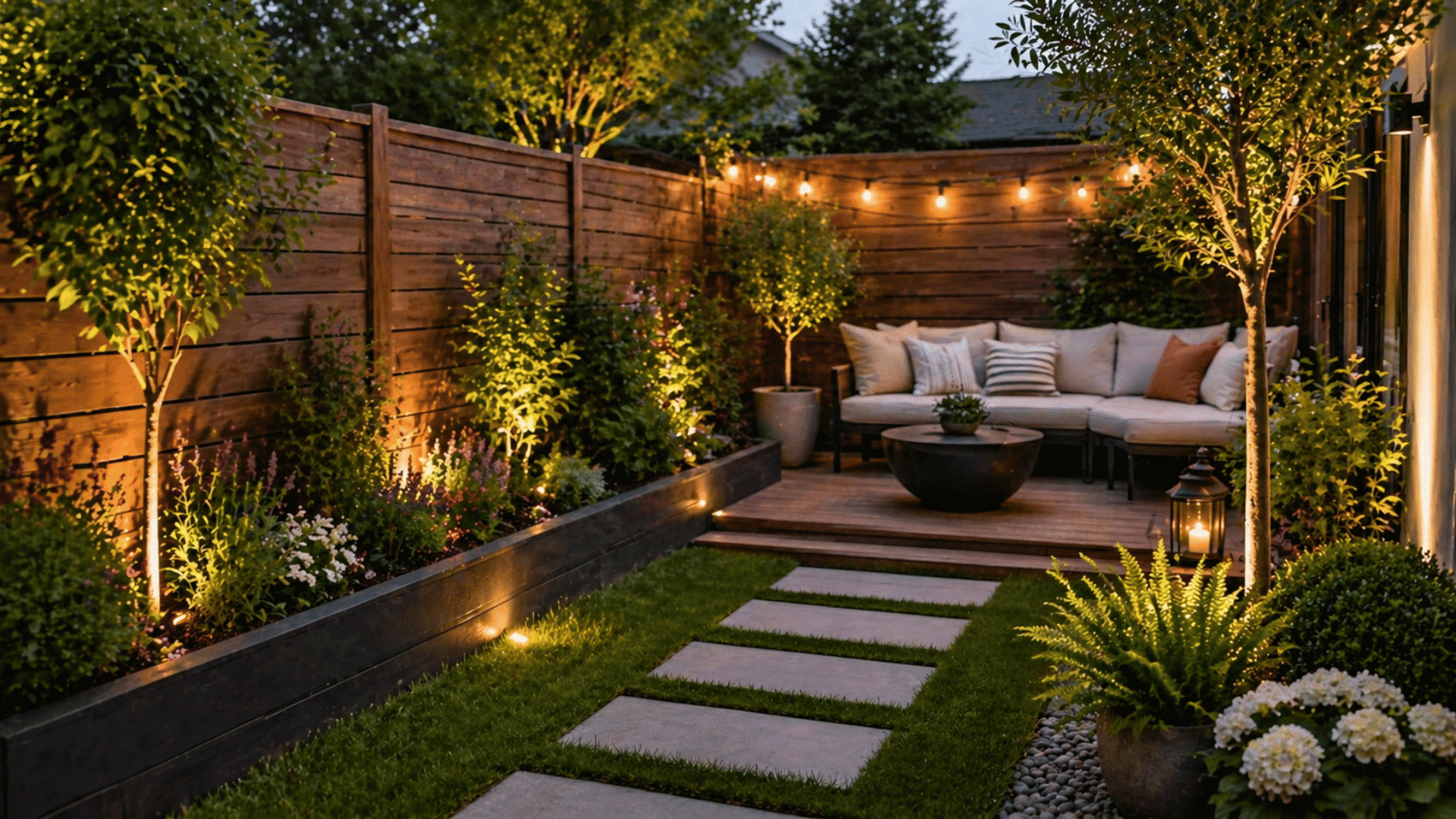 Cozy small backyard with wooden fencing, warm string lights, lush plants, stone path, and compact seating area for relaxing outdoors at dusk