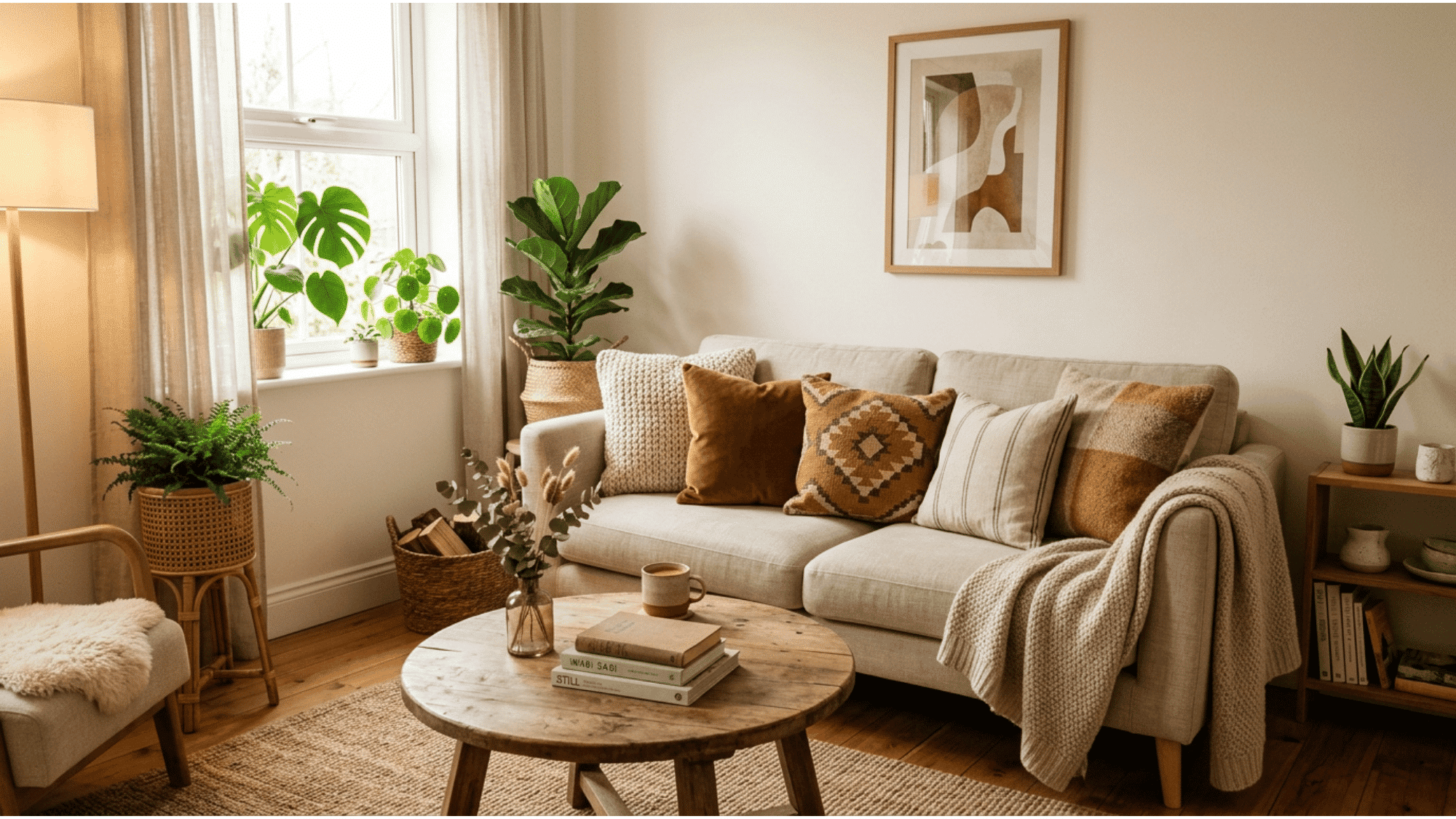cozy small living room with layered cushions in warm tones creating a stylish inviting atmosphere
