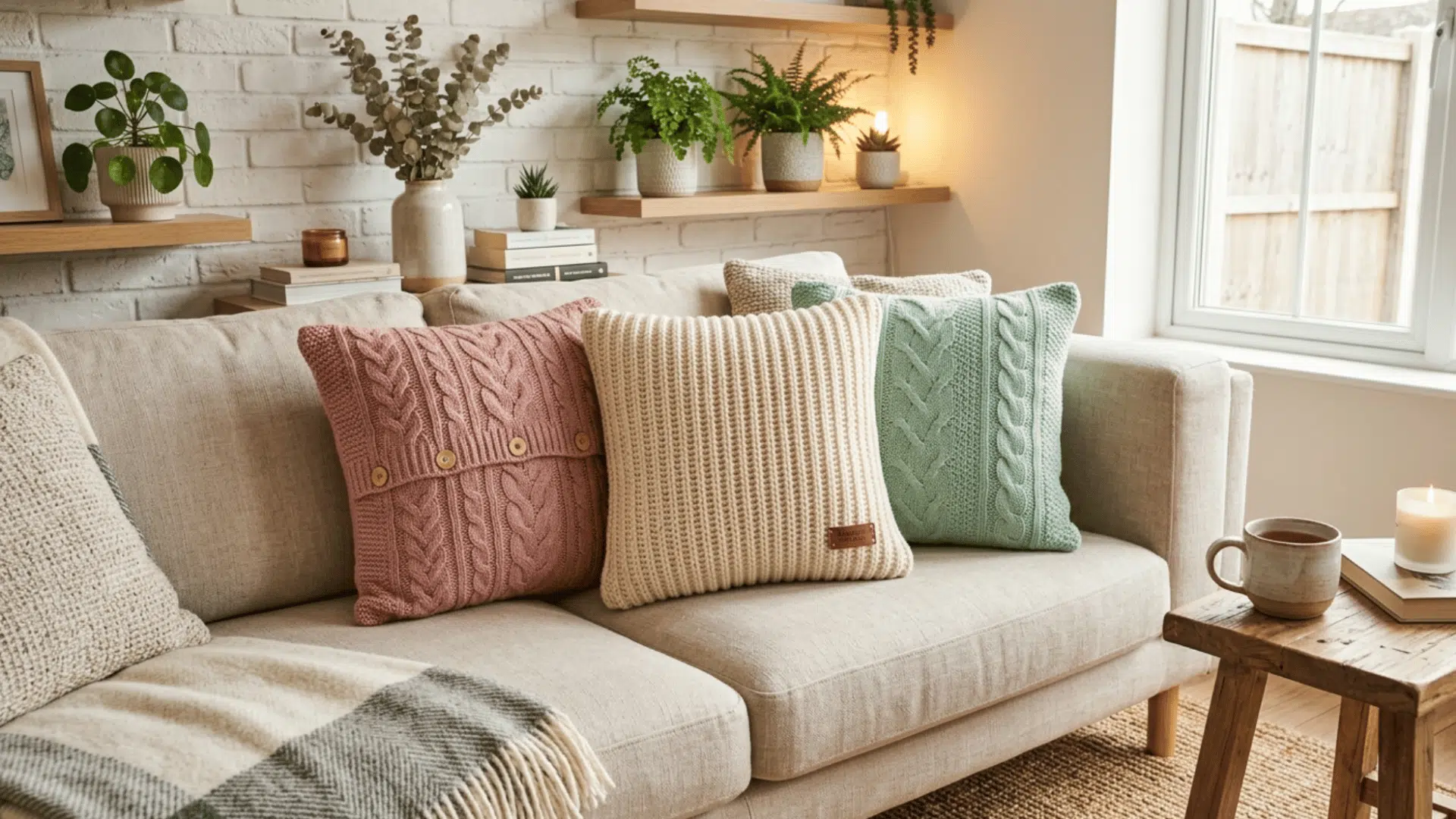 cozy sweater pillow made from old knit fabric placed on sofa adding warm and soft home decor touch