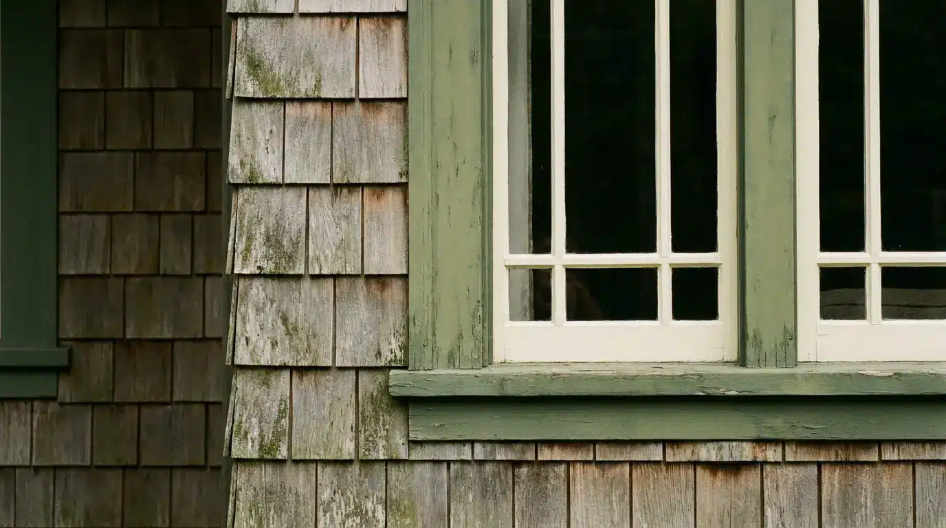 Wooden shingle siding and a green-trimmed window on a rustic exterior wall